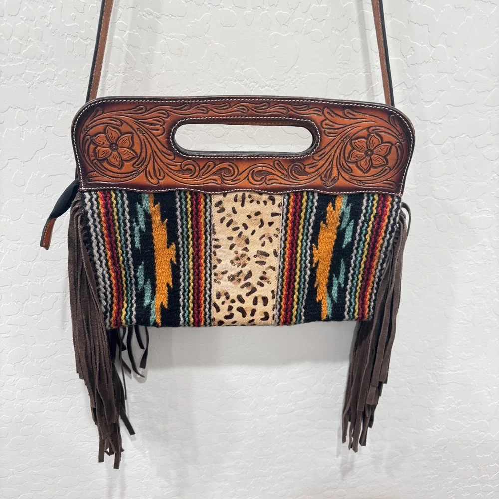 Rafter T Ranch Co Tooled Leather Should Bag Purse Southwestern Aztec Fringed - Picture 1 of 10